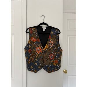 NWOT Ana Mori Beaded Blue and Yellow Orange Floral Vintage Vest